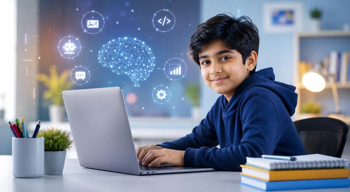 Child with laptop learning AI