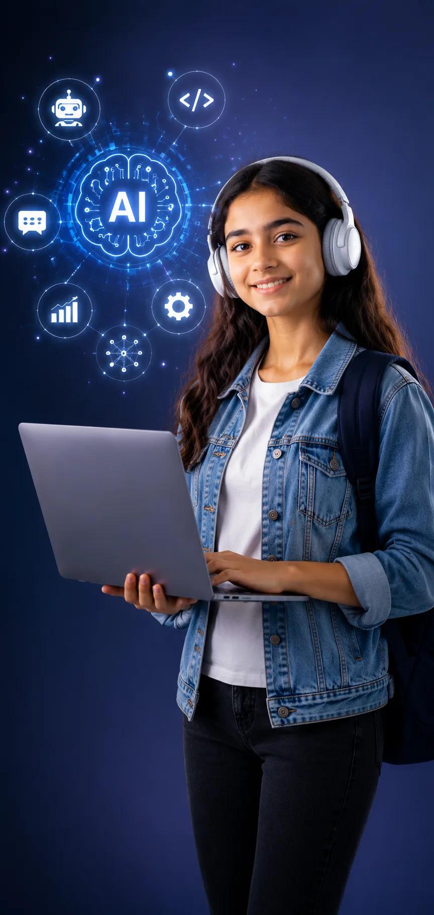Teen with laptop learning AI